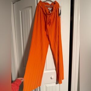 Orange Pleated Wide-Leg Pants